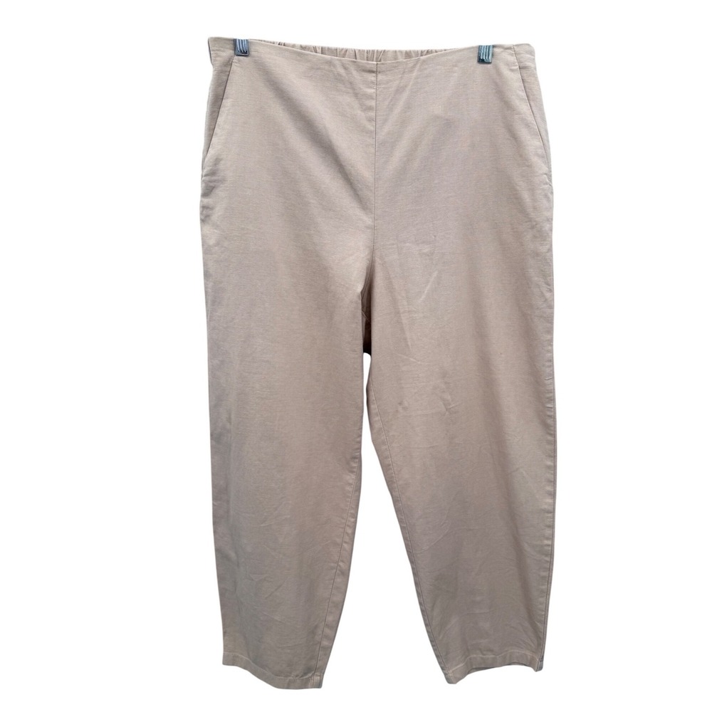 Eileen Fisher Tapered Balloon Pants L Tan Elastic Waist Side Zip Pockets Cotton